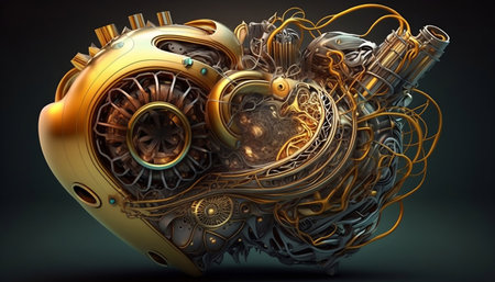 a biomechanical robot engine of a golden heart made of glass and metal wires.の素材
