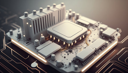 Close-up of white circuit board a computer with neon lights.の素材