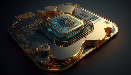 Close-up of gold metal circuit board chip a computer with neon lights. Generated AIの素材