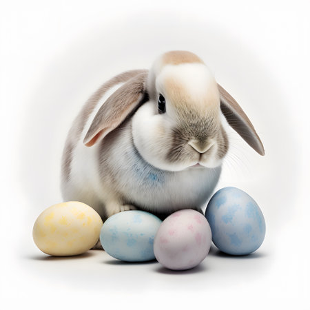 Easter bunny with pastel eggs in his paws on a white backgroundの素材