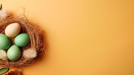 Decorative Easter eggs in a nest on a yellow simple minimalistic background.の素材