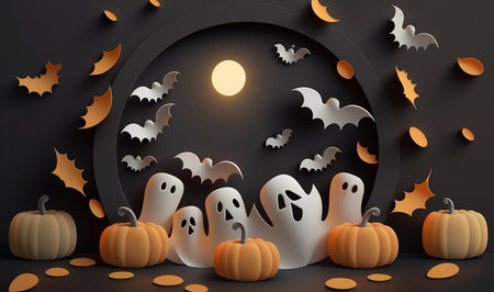 Halloween banner for website, sale, invitation, with cute ghosts and pumpkins, different autumn season elementsの素材