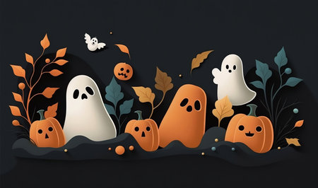 Halloween banner for website, sale, invitation, with cute ghosts and pumpkins, different autumn season elementsの素材