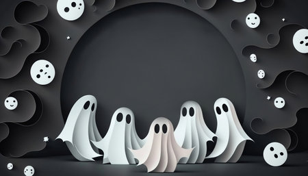 Halloween banner for website, sale, invitation, with cute ghosts and pumpkins, different autumn season elementsの素材