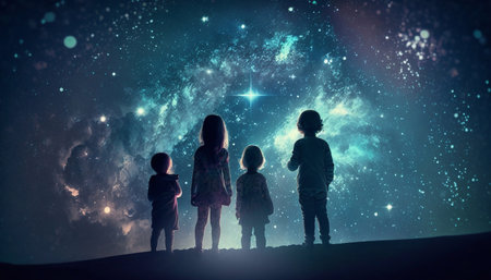 Four children look into the portal to the star universe.の素材