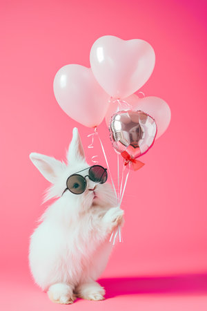 Cool white fluffy bunny in sunglasses holding balloon, copy space. Versatile greeting cardの素材