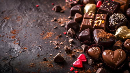 Assorted chocolates, red heart decorations scattered on a textured surface, conveying a romantic ambianceの素材