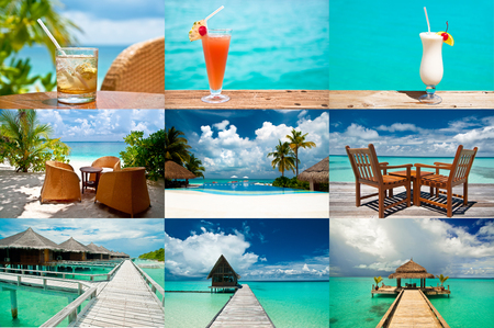 Tropical holidays - collage of nine photographs: drinks, beaches and a luxury resorの写真素材