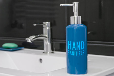 Hand sanitizer lotion and soap in bathroom