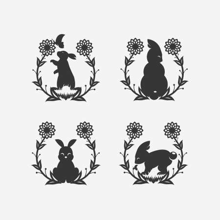 Set animal, rabbit with floral decoration. creative design vectorのイラスト素材