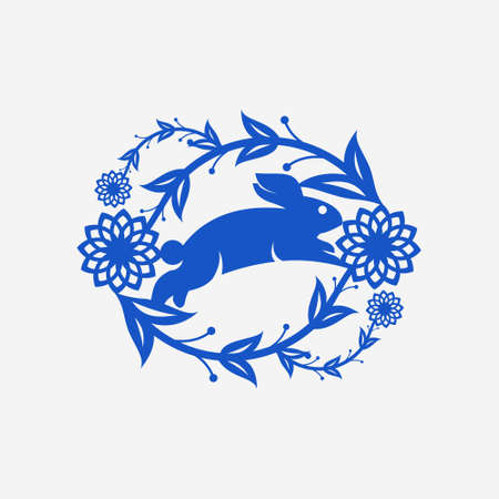 Rabbit jump with floral circle decoration vectorのイラスト素材