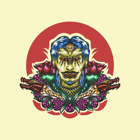 Human with flower decorations and a traditional Javanese keris weaponのイラスト素材