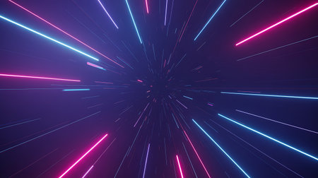 This abstract background showcases a mesmerizing tunnel effect created by vibrant pink and blue neon light beams against a deep purple backdrop The streaks of light converge towards a central vanishing point giving a sense of high speed and forward motion possibly representing technology space travel or digital information flow The contrast between the bright neon colors and the dark background enhances the visual impact making it a striking and modern design element It can be used for various purposes like website backgrounds presentation templates or digital art projects The image exudes a feeling of futuristic technology and digital innovationの素材