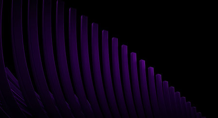This image presents a striking arrangement of curved vertical lines rendered in a rich shade of purple The lines seem to cascade from the top left of the frame towards the lower right creating a dynamic and flowing visual rhythm The backdrop is a stark deep black emphasizing the lines and giving the overall composition a sense of depth and mystery The smooth curves and subtle gradients on the lines add a touch of elegance making it suitable for various design and artistic purposes that require a blend of contemporary style and dark eleganceの素材