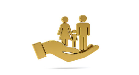 A golden family icon consisting of a father mother and child stands supported in the palm of a golden hand symbolizing protection security and care This graphic element represents the concept of family protection welfare and the love shared within a family unit It is isolated on a clean white background lending itself well to various design applications illustrating concepts of family support parental guidance and social well beingの素材
