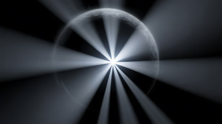 This image showcases a captivating monochrome composition featuring radial rays of light emanating from a central point The abstract nature of the photograph allows for multiple interpretations ranging from scientific concepts to artistic expressions The stark contrast between the bright light and the dark surroundings creates a visually striking effect The spherical shape from which the rays originate adds to the intriguing and mysterious nature of the image This is a compelling image that could be used for a variety of creative projectsの素材