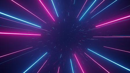 This mesmerizing abstract background features a stunning visual experience with vibrant pink and blue neon light rays emanating from a central point The dark backdrop enhances the intensity of the neon colors creating a dynamic and futuristic feel This image evokes a sense of speed travel through space and cutting edge technology It is perfect for projects needing a modern hi tech or science fiction theme providing an engaging and visually appealing element to any designの素材