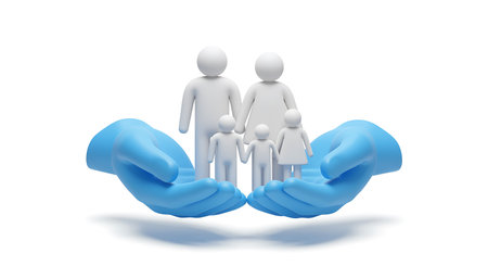 This image represents a family unit protected and cared for by a pair of blue hands The family consists of parents and children depicted as simple white figures standing together The gentle blue hands cradle them suggesting security love and support This image can be used to portray insurance family values protection healthcare or the importance of social servicesの素材
