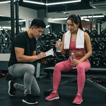 In a modern gym studio a young and attractive Asian woman is seen sitting on a bench holding a bottle of water with a towel around her neck An Asian personal trainer is kneeling beside her taking notes on a clipboard Weights and gym equipment are in the background The scene suggests a consultation workout review or assessment in a fitness environment The focus is on the collaboration between the client and trainerの素材