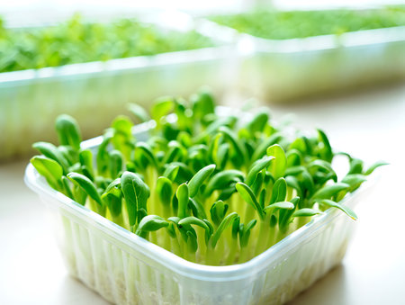 Microgreen sprouts in plastic box on white background, closeupの素材
