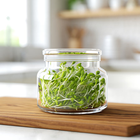 Glass jar with fresh green alfalfa sprouts on tableの素材