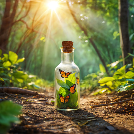 This image features a glass bottle with a cork stopper placed on a forest path bathed in soft sunlight Inside the bottle vibrant orange and black butterflies flutter among green leaves creating a whimsical and enchanting scene The background showcases a lush forest with trees and foliage further enhancing the natural and magical atmosphere of the image The composition evokes themes of nature freedom and the delicate balance of ecosystemsの素材
