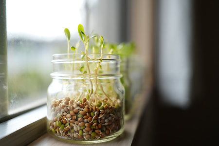 This image showcases a closeup of seeds sprouting in clear glass jars placed on a window sill The seeds are at various stages of germination with some exhibiting vibrant green shoots emerging from their shells The focus is sharp on the foreground jar filled with a mix of germinating seeds and sprouts Background jars are blurred indicating a shallow depth of field The natural light streaming through the window illuminates the scene highlighting the textures and colors of the sprouting seeds and the glass containers This is a simple still life composition emphasizing the process of growth and the beauty of nature indoorsの素材