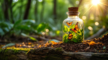 A captivating close up image showing an old fashioned clear glass jar sitting on a moss covered log filled with dirt green leaves and monarch butterflies with the cork lid on top The scene is set in a sun drenched forest with many leaves and trees in the background The jar is illuminated with light and casts a magical glow over the scene representing nature conservation and preservation effortsの素材