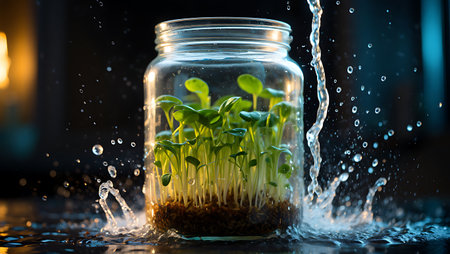 This captivating image showcases the beauty and fragility of new life with fresh sprouts gently growing inside a clear glass jar The plants roots are buried in rich soil the bright green leaves reaching upwards inside the jar The scene is enlivened by a dramatic splash of water creating a dynamic sense of movement The background features dark blues and yellows to make the green sprouts pop This image evokes themes of growth nature purity and sustainable living Ideal for projects related to gardening healthy eating and environmental awarenessの素材