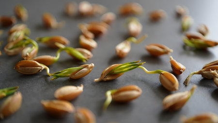 A close up shot showcases sprouted wheat seeds scattered across a dark surface The image highlights the beginning of the growth process where the tiny green shoots emerge from the brown seeds The depth of field keeps the foreground sharp while gently blurring the background drawing focus to the sprouted seeds and emphasizing their delicate new life This image is perfect for conveying themes of agriculture growth organic farming and the miracle of nature in stock photographyの素材