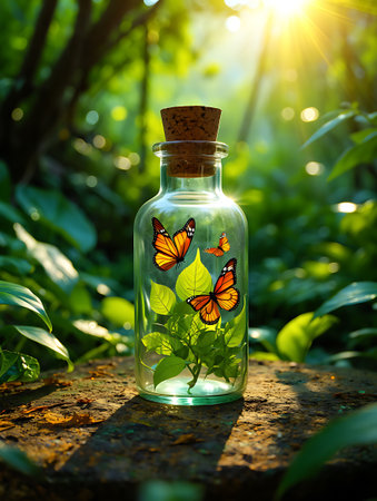 A whimsical image featuring a glass jar with a cork stopper containing delicate green leaves and vibrant monarch butterflies The jar rests on a textured surface amidst lush greenery with sunlight filtering through the trees in the background The scene evokes a sense of magic fantasy and the beauty of nature The image is ideal for projects related to environmental themes nature photography fantasy concepts or illustrations with a touch of magic It can also be used in creative projects related to conservation or whimsical storiesの素材