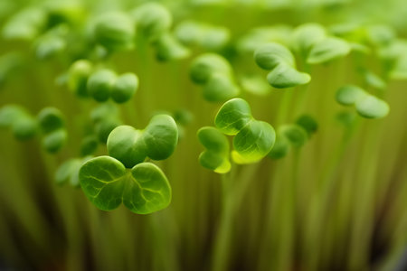 A macro shot captures the vibrant green hues of freshly grown microgreens The image showcases the delicate leaves and stems emphasizing their freshness and natural beauty These organic sprouts often used as a nutritious addition to salads and garnishes are a symbol of healthy eating and sustainable agriculture The shallow depth of field directs the viewers attention to the forefront highlighting the intricate details of the plants structure and texture making it an appealing visual for culinary enthusiasts and healthconscious individualsの素材