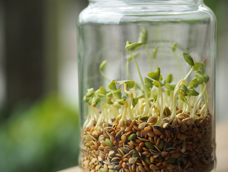 A closeup shows a glass jar filled with sprouting seeds and fresh green leaves emerging The jar is partially filled with a mix of seeds and sprouts This image highlights themes of germination growth and sustainability It is suitable for illustrating concepts related to healthy eating organic farming gardening and environmental awareness showing the early stages of plant development in a controlled environment The blurred green background adds a sense of natural freshness suitable for articles blog posts or educational materials on nutrition or botanyの素材