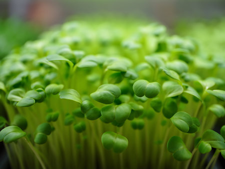 A vibrant close up shot captures the lush green freshness of a cluster of microgreens These tiny sprouts are densely packed with nutrients and vitamins embodying the essence of healthy eating and sustainable living The vivid green hues symbolize growth vitality and the promise of a wholesome diet Perfect for illustrating articles on nutrition wellness organic farming and the growing trend of incorporating microgreens into everyday meals This image conveys a sense of freshness and well being and inspires viewers to embrace a healthier lifestyleの素材