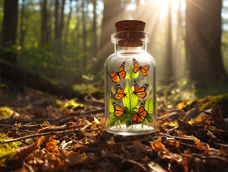 A transparent glass jar filled with vibrant monarch butterflies and lush green leaves rests on a forest floor covered in fallen leaves and twigs Sunlight streams through the trees in the background creating a warm and magical atmosphere The cork stopper adds a touch of rustic charm The scene evokes a sense of wonder and the beauty of nature enclosed within a simple glass vessel highlighting themes of preservation or altered ecosystems The contrast between the wild forest and the contained butterflies invites contemplationの素材