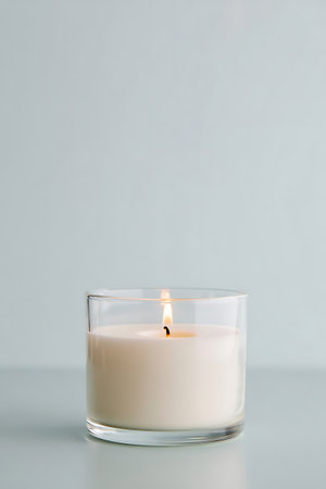A close up view of a beautiful and calming soy wax candle burning in a clear glass container The candle flame is bright and provides a comforting glow that lights up the space The backdrop is light and simple providing a serene ambiance to the shot This photo conveys tranquility relaxation and the simple pleasures of life perfect for depicting wellness selfcare or home decorの素材