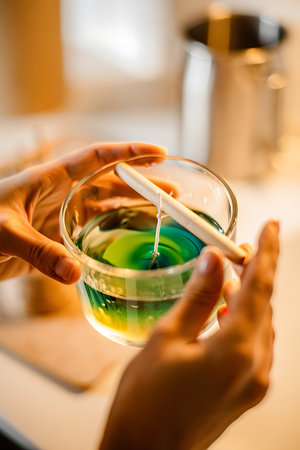 A close up shot showcases a pair of hands carefully holding a clear glass container filled with a swirling mixture of green blue and yellow liquids A wooden stick rests across the top with a white candle wick attached ready to be used in the candle making process The background is blurred creating a shallow depth of field and bringing focus to the hands and the vibrant mixture within the glass containerの素材