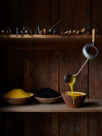 This image showcases a craftsmans rustic workshop filled with natural materials and tools A wooden shelf displays various implements alongside bowls filled with raw resources including what appears to be golden yellow and black beads A ladle pours a viscous golden liquid into a wooden bowl creating a mesmerizing flow The scene exudes a sense of tradition craftsmanship and the art of careful ingredient handling in a dimly lit cozy setting The wood grain and light highlight textureの素材