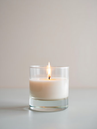 A beautifully lit candle encased in a clear glass holder rests on a smooth surface against a soft neutral backdrop The gentle flame dances creating a warm and inviting ambiance ideal for promoting relaxation tranquility or romantic settings This image captures the essence of simple elegance and serenity The candle provides a focal point that can be used in various creative projects from lifestyle blogs to meditation apps or even advertisements for home decor products The soft lighting and minimalist composition make it versatile for adding a touch of peacefulness to any visual narrativeの素材