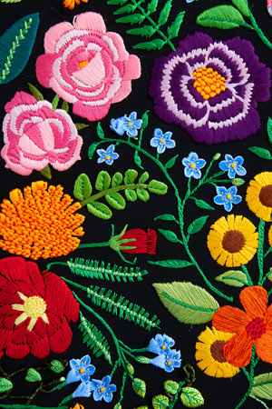This image showcases a vibrant and intricate embroidered floral pattern against a stark black background The design features a diverse array of flowers in various colors including pink roses a purple blossom with yellow center smaller blue flowers orange and yellow sunflowers and a striking red flower Green leaves and stems meander throughout the composition adding depth and texture The embroidery is detailed and adds a tactile quality to the image highlighting the craftsmanship and artistry involved in creating this beautiful textile art The high contrast between the bright florals and dark backdrop creates a visually stunning and eyecatching image perfect for backgrounds and textile designsの素材
