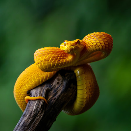 Close up shot of a vibrant yellow Eyelash Viper coiled on a dark branch against a blurred green background The snakes scales are detailed and its distinctive eyes are focused Its body gracefully wraps around the branch and it sits calmly in its habitat The soft light enhances the natural beauty of the wildlife scene This image captures the essence of nature exotic wildlife and the beauty of the reptile worldの素材