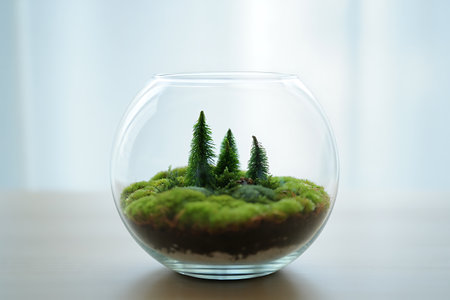 A captivating closeup showcases a miniature indoor forest elegantly arranged within a pristine glass bowl terrarium The scene features tiny verdant trees and soft moss The terrarium sits gracefully on a light neutral surface against a clean minimalistic pale backdrop which enhances the natural beauty of the miniature landscape This image captures the tranquility and meticulous detail of a smallscale ecosystem designed for indoor decoration perfect for plant enthusiasts and home decor themes The contrast between the lush greenery and the clear glass creates a visually appealing and serene compositionの素材