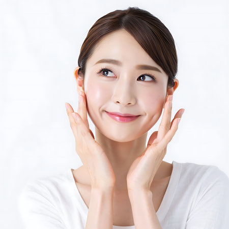 A beautiful young Asian woman with flawless skin is touching her face and smiling contentedly She appears to be demonstrating skincare techniques or enjoying the results of a healthy skincare routine Her expression is serene and happy and the natural light enhances the healthy glow of her skin The image focuses on beauty selfcare and wellness promoting a positive image of skincare and healthy habits for achieving and maintaining radiant skin It could be used to advertise skincare products or promote a healthy lifestyleの素材
