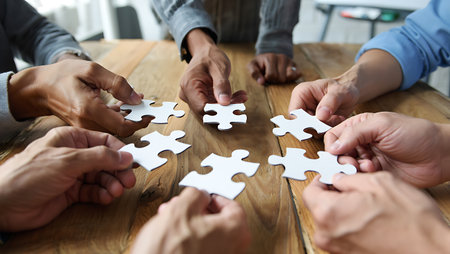 A close up shot shows a diverse group of people working together to solve a puzzle Their hands are holding white puzzle pieces above a wooden table The scene evokes collaboration teamwork problem solving unity and strategy It symbolizes a group effort towards achieving a common goal demonstrating effective communication and a shared commitment to success The image highlights the importance of working together to overcome challenges and find solutionsの素材