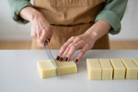 A close up shot shows a woman in a tan apron cutting a block of pale yellow homemade soap into individual bars The blade of a stainless steel knife bisects the soap block as the woman uses her left hand to steady the block while her right hand guides the blade Several cut bars are already placed in a row on the white surfaceの素材