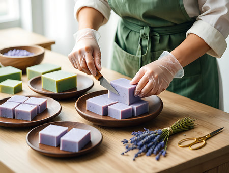 Close up shot capturing the meticulous process of handmade soap crafting The artisan donning gloves and an apron carefully cuts through a block of lavenderinfused soap The scene is adorned with wooden plates presenting neat stacks of both lavender and olive oil soaps alongside a fresh bunch of lavender and a pair of gold scissors highlighting the use of natural ingredients and artisanal tools in creating these soothing skincare productsの素材