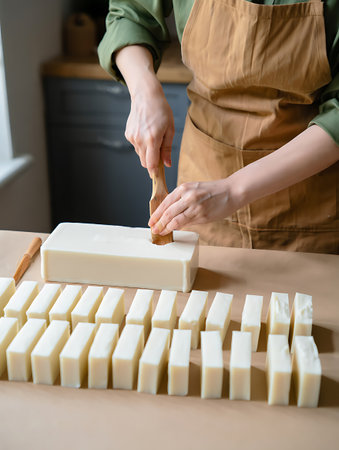 This photo depicts a woman in an apron carefully cutting bars of soap using a wooden cutter The soap is a light color and has a smooth texture Several cut bars of soap are neatly arranged in rows showcasing a batch in progress The image highlights the craftsmanship and attention to detail involved in smallbatch soap production emphasizing the natural handmade quality of the process This scene captures the essence of artisanal soap making and the dedication of the individual crafting these barsの素材