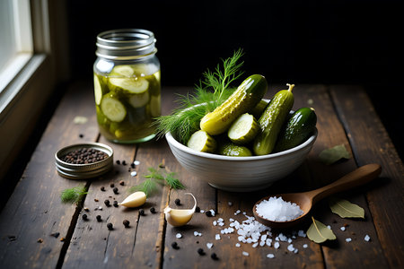 A rustic still life featuring homemade pickles presented in a mason jar and a ceramic bowl Fresh dill sprigs add vibrant green accents to the pickles A small bowl of peppercorns cloves of garlic and a wooden spoon filled with coarse salt are scattered on the weathered wooden surface suggesting the pickling process The window light softly illuminates the scene creating a dark and moody atmosphere that emphasizes the homemade quality and traditional food preservation techniquesの素材