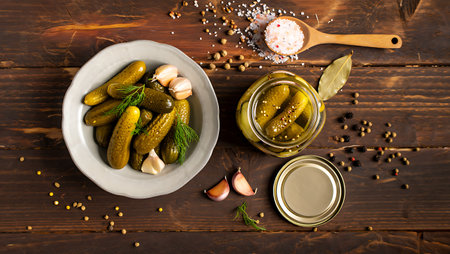 A rustic arrangement of homemade pickled cucumbers is showcased against a dark wooden backdrop A plate overflows with crisp green pickles accompanied by fresh garlic cloves and sprigs of dill Adjacent to the plate sits a glass jar filled with more pickled cucumbers suspended in brine A wooden spoon rests nearby laden with coarse sea salt while scattered peppercorns and seasonings add texture and visual interest to the composition The overhead perspective highlights the artisanal quality of the preserved food suggesting a traditional and wholesome culinary practiceの素材