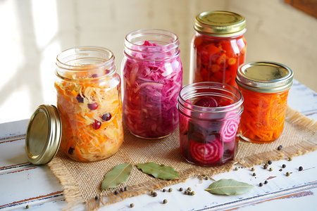 An arrangement of assorted fermented vegetables preserved in clear glass mason jars showcases the vibrant colors of the food preservation process Jars filled with pickled cabbage beets carrots and other vegetables sit atop a rustic burlap cloth sprinkled with peppercorns and bay leaves for added flavor The lids of the jars gleam in the soft light conveying a sense of freshness and homemade goodness The composition suggests a farm to table lifestyle emphasizing healthy eating traditional food preparation and sustainable livingの素材